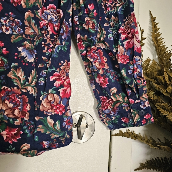 Vintage 90s Y2K Botanical Floral Navy Blue Womens 100% Cotton Button Up Shirt - Picture 12 of 13